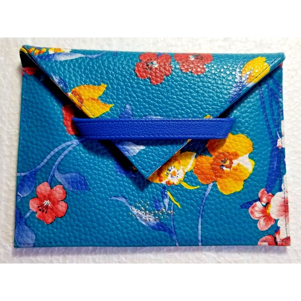 Buxton Envelope Clutch Accessory Pouch Teal Floral Leather Look Classic